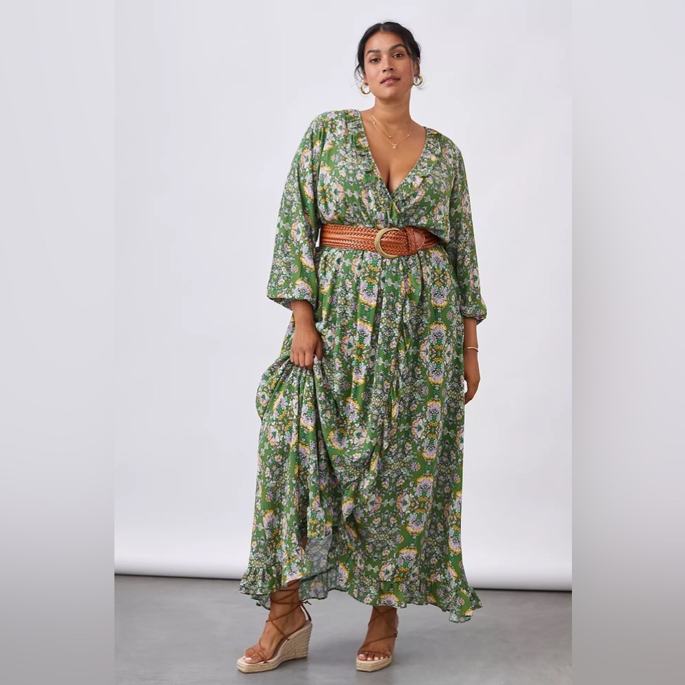 Like New Anthropologie Floral Maxi Dress Green XL Longsleeve Ruffle Trim